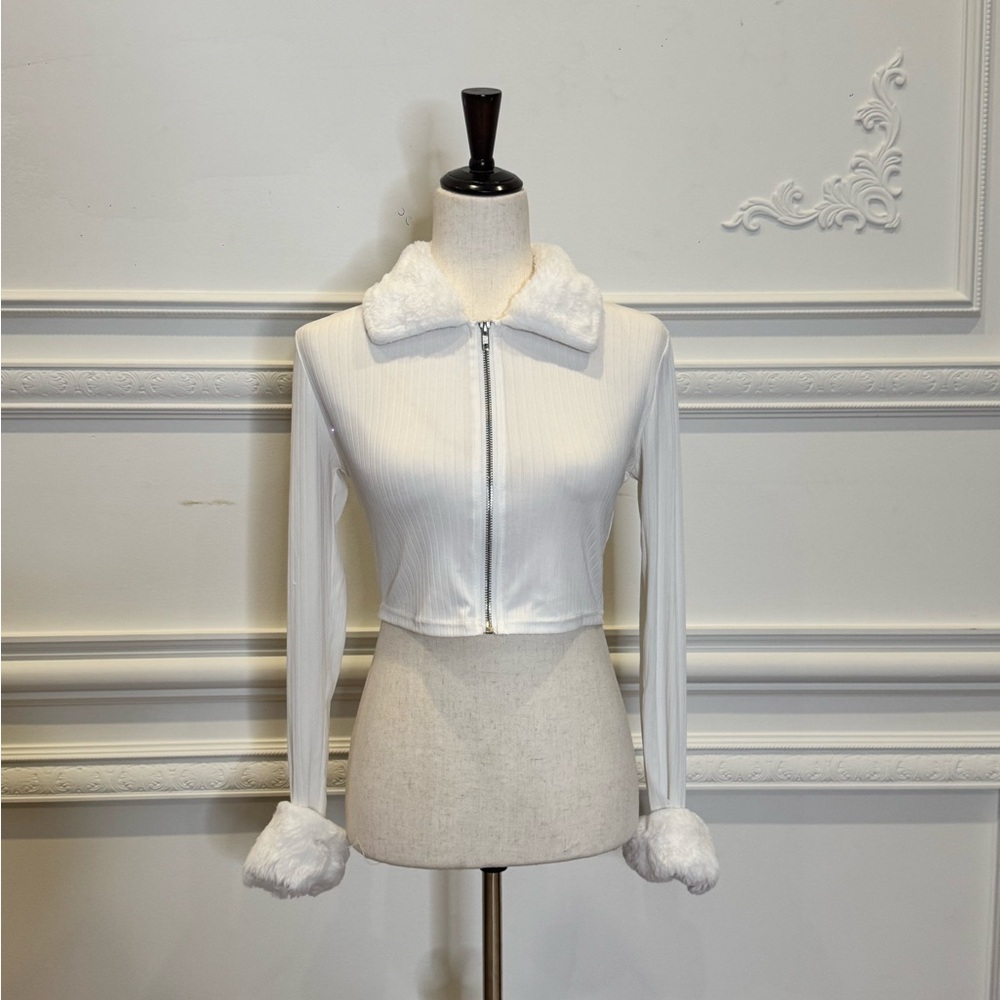 SHEIN White Fuzzy Trim Cardigan
